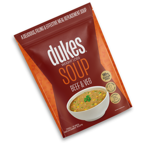 A bag of Dukes Weight Loss Beef & Vegetable Soup oriented diagonally
