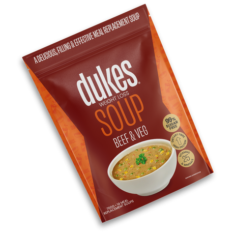 A bag of Dukes Weight Loss Beef & Vegetable Soup oriented diagonally
