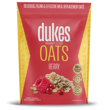 A 700g bag of Dukes Weight Loss Oats Berry Flavour