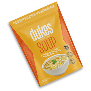 A bag of Dukes Weight Loss Chicken Noodle Soup oriented diagonally