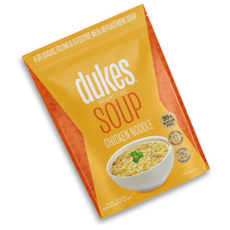 A bag of Dukes Weight Loss Chicken Noodle Soup oriented diagonally