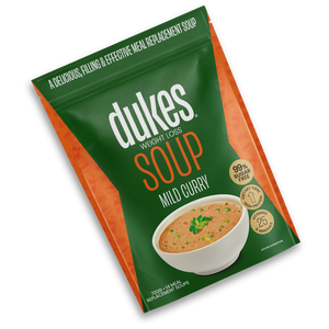 A bag of Dukes Weight Loss Mild Curry Soup oriented diagonally