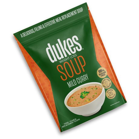 A bag of Dukes Weight Loss Mild Curry Soup oriented diagonally