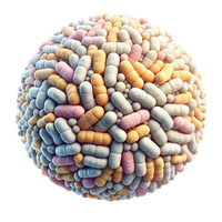 Generated image of hundreds of vitamin pills stacked on one another in a circle shape. 