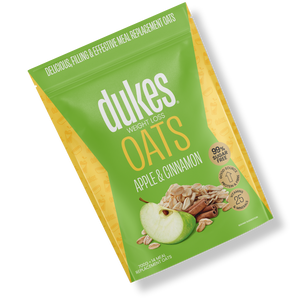A bag of Dukes Weight Loss Apple & Cinnamon Oats oriented diagonally
