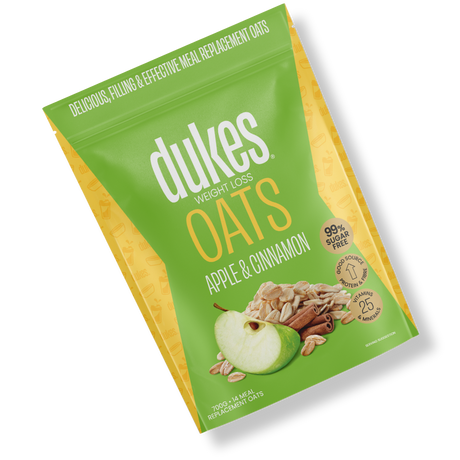 A bag of Dukes Weight Loss Apple & Cinnamon Oats oriented diagonally
