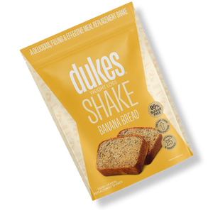 A bag of Dukes Weight Loss Banana Bread Shake oriented diagonally