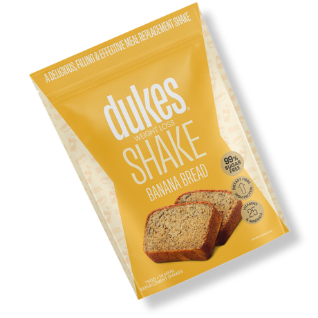 A bag of Dukes Weight Loss Banana Bread Shake oriented diagonally
