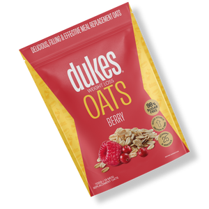 A bag of Dukes Weight Loss Berry Oats oriented diagonally