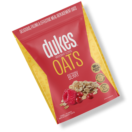 A bag of Dukes Weight Loss Berry Oats oriented diagonally