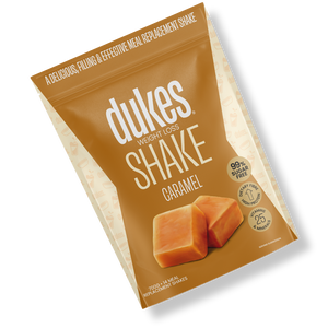 A bag of Dukes Weight Loss Caramel Shake oriented diagonally