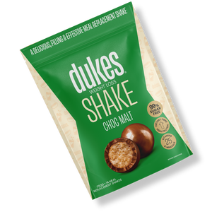 A bag of Dukes Weight Loss Choc Malt Shake oriented diagonally