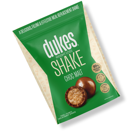 A bag of Dukes Weight Loss Choc Malt Shake oriented diagonally
