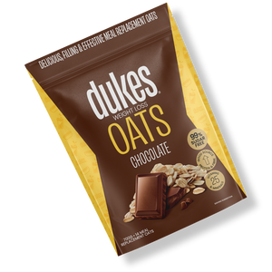 A bag of Dukes Weight Loss Chocolate Oats oriented diagonally