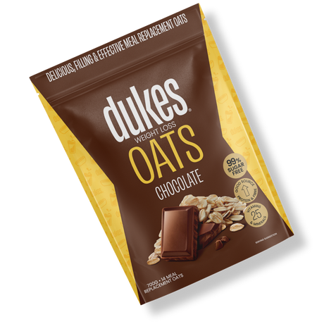 A bag of Dukes Weight Loss Chocolate Oats oriented diagonally