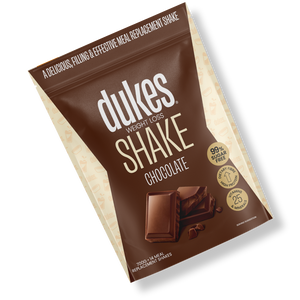A bag of Dukes Weight Loss Chocolate Shake oriented diagonally