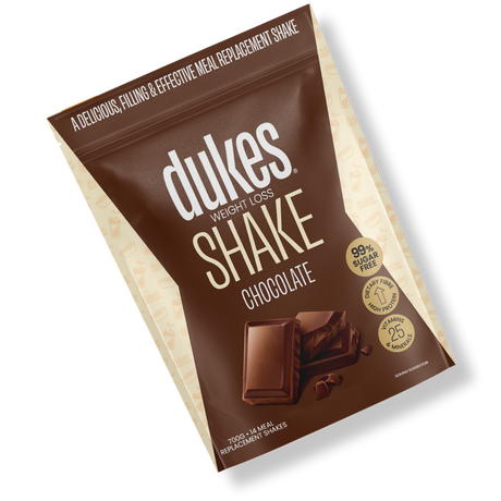 A bag of Dukes Weight Loss Chocolate Shake oriented diagonally