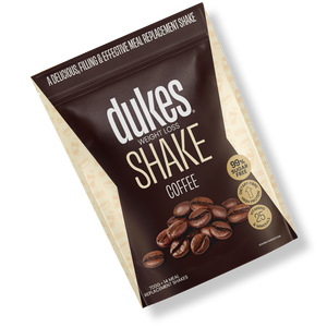 A bag of Dukes Weight Loss Coffee Shake oriented diagonally