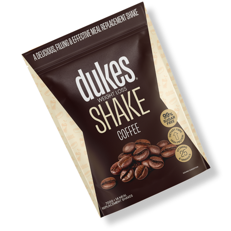 A bag of Dukes Weight Loss Coffee Shake oriented diagonally