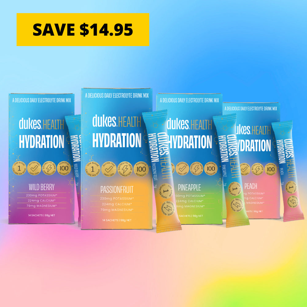 Four Flavours of 14 Sachet Boxes of Dukes Hydration: Wild Berry, PassionFruit, Pineapple, Peach