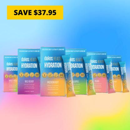 Six Flavours of 14 Sachet Boxes of Dukes Hydration: Wild Berry, PassionFruit, Pineapple, Peach