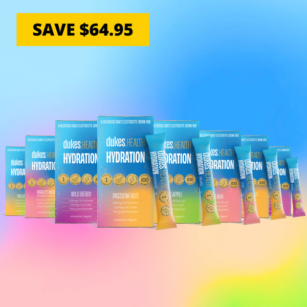 Eight Flavours of 14 Sachet Boxes of Dukes Hydration: Wild Berry, PassionFruit, Pineapple, Peach