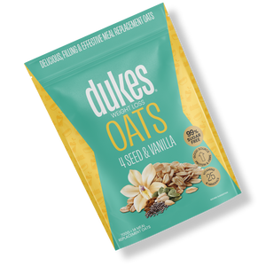 A bag of Dukes Weight Loss Four Seend & Vanilla Oats oriented diagonally