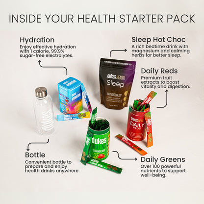 Inside your health starter pack: Hydration, Sleep Hot Chocolate, Daily Reds, Daily Greens and a hydration bottle