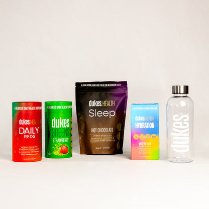 Contents of health starter pack side by side with a grey background