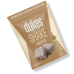 A bag of Dukes Weight Loss Lamington Shake oriented diagonally