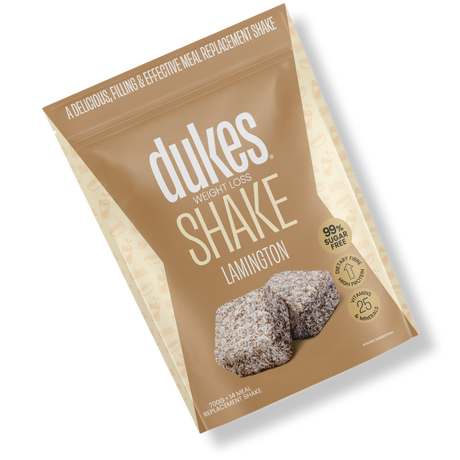 A bag of Dukes Weight Loss Lamington Shake oriented diagonally