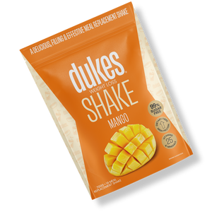A bag of Dukes Weight Loss Mango Shake oriented diagonally