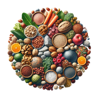 A topdown image of many fruits, nuts and vegatables arranged neatly in a circle.