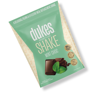 A bag of Dukes Weight Loss Mint Choc Shake oriented diagonally