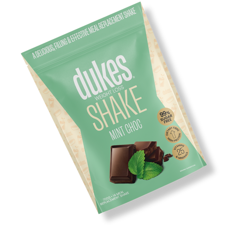 A bag of Dukes Weight Loss Mint Choc Shake oriented diagonally