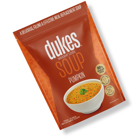 A bag of Dukes Weight Loss Pumpkin Soup oriented diagonally