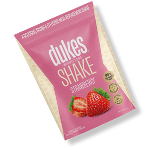 A bag of Dukes Weight Loss Strawberry Shake oriented diagonally