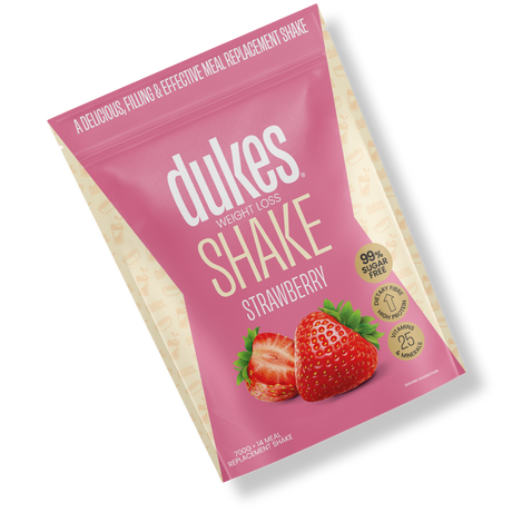 A bag of Dukes Weight Loss Strawberry Shake oriented diagonally