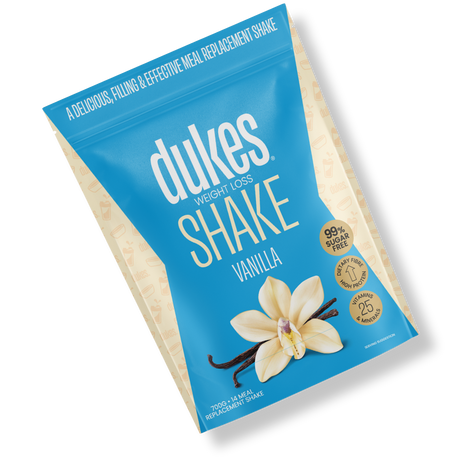 A bag of Dukes Weight Loss Vanilla Shake oriented diagonally