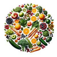 Various green vegetables and fruits arranged neatly in a circle 